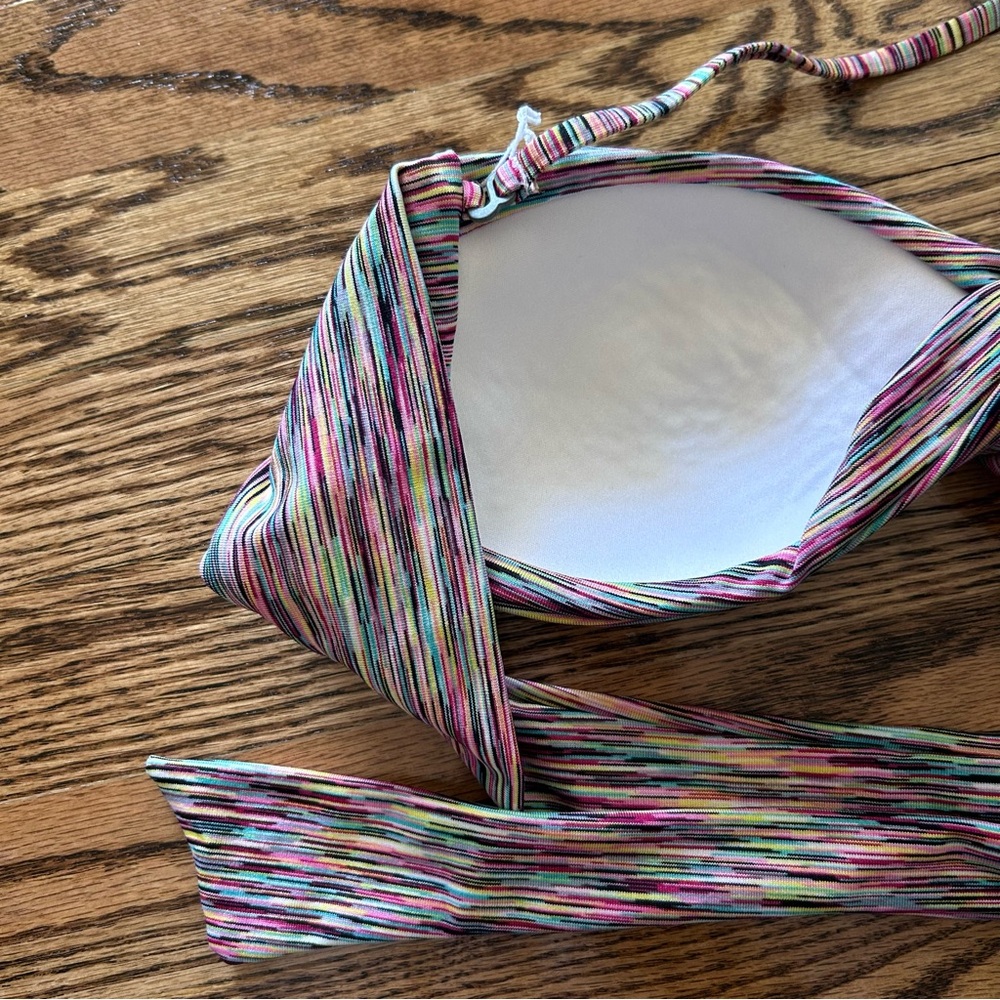 Roxy swim NWOT medium bikini twist bandeau multicolored fine stripes - Picture 8 of 12